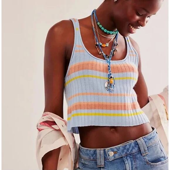 Free People 100% Cashmere Striped Sweater Tank Top Cropped Scoop Blue Orange XS - Picture 1 of 5